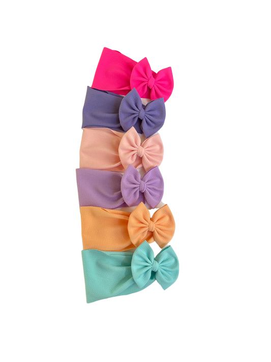 Traditional Bows - Summer sun set solids - Ev's Bowtique Shop The most comfortable trendy bows for all of your babes. Traditional bows come styled as headwraps, Nylons, clips or pigtail sets! The choice is always yours!