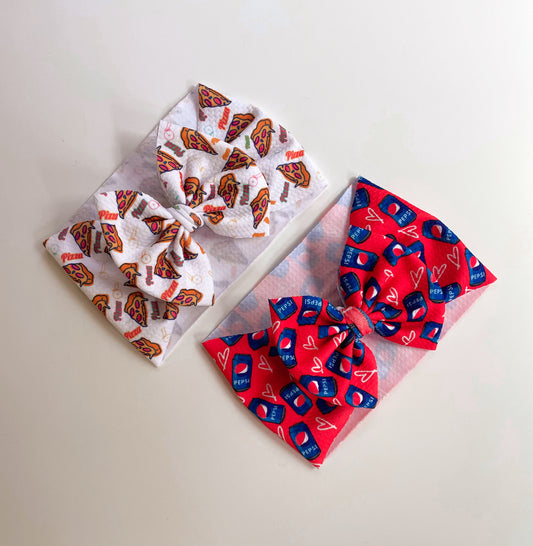Traditional Bows - Pizza & Pepsi - Ev's Bowtique Shop The most comfortable trendy bows for all of your babes. Traditional bows come styled as headwraps, Nylons, clips or pigtail sets! The choice is always yours!